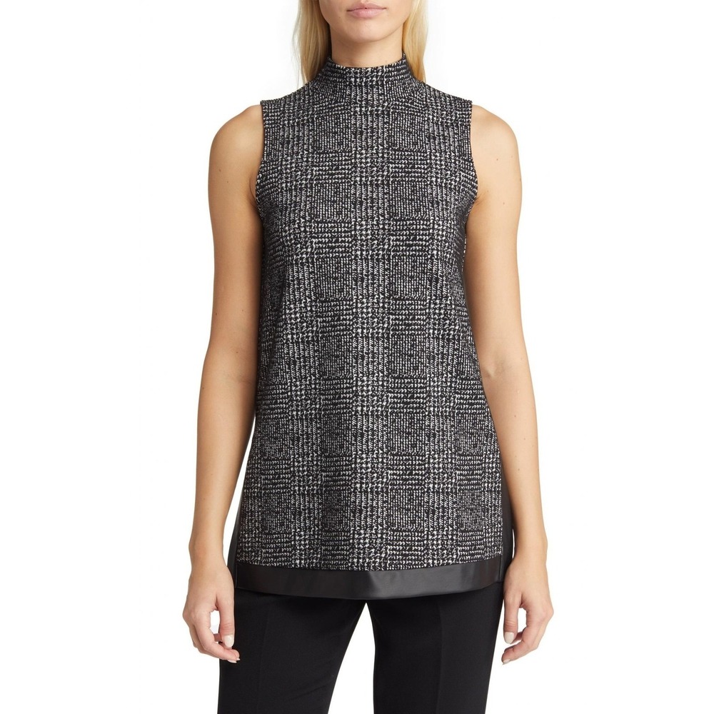 Anne Klein Womens BW Glen Plaid Mock Neck Tunic Shell Faux Leather Trim - S